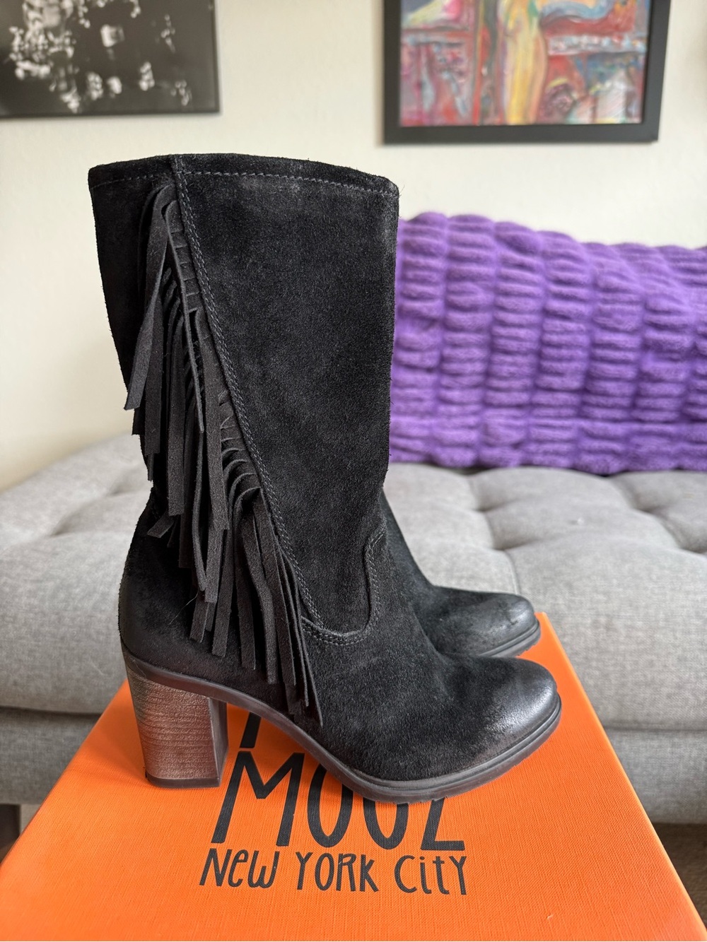 Miz Mooz Black Suede Fringe Mid-Calf Heel Boots